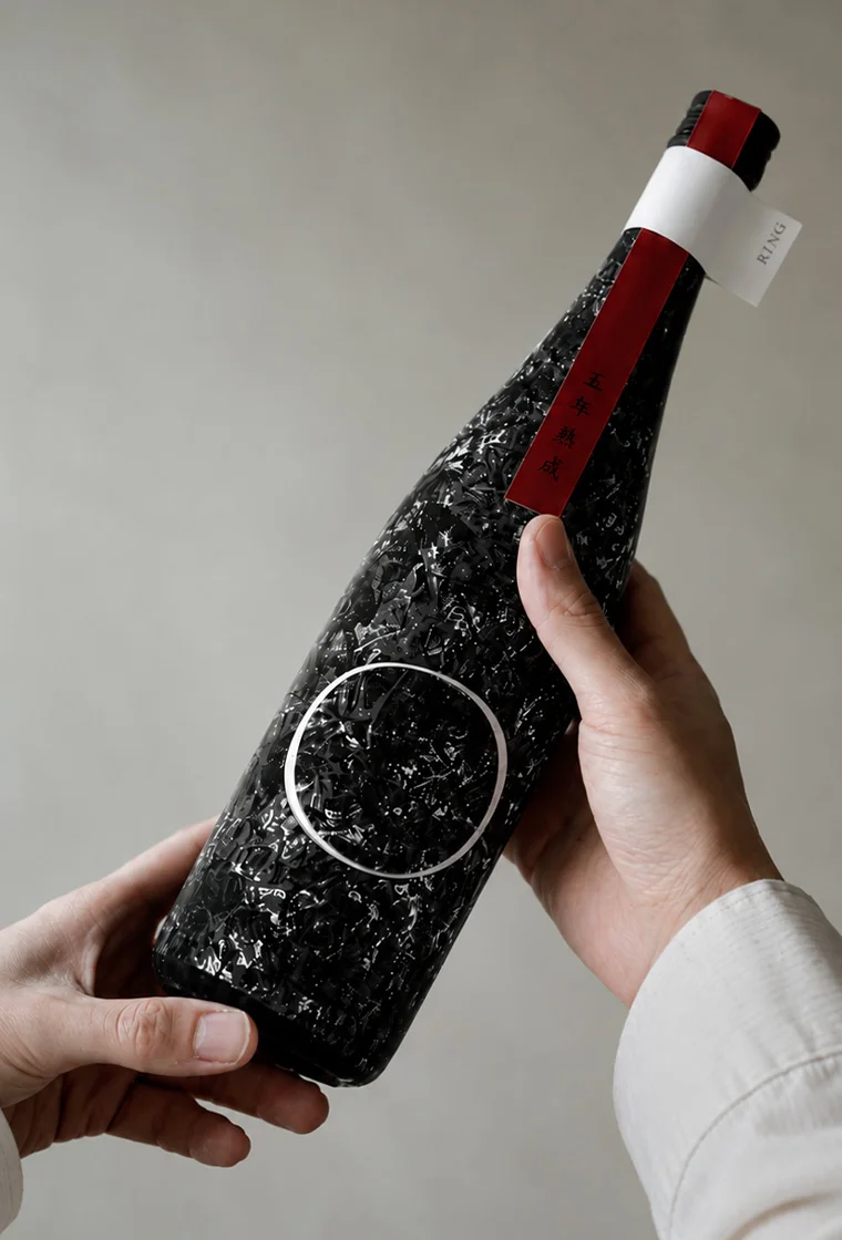 熟成酒RINGのボトルを手に持つ